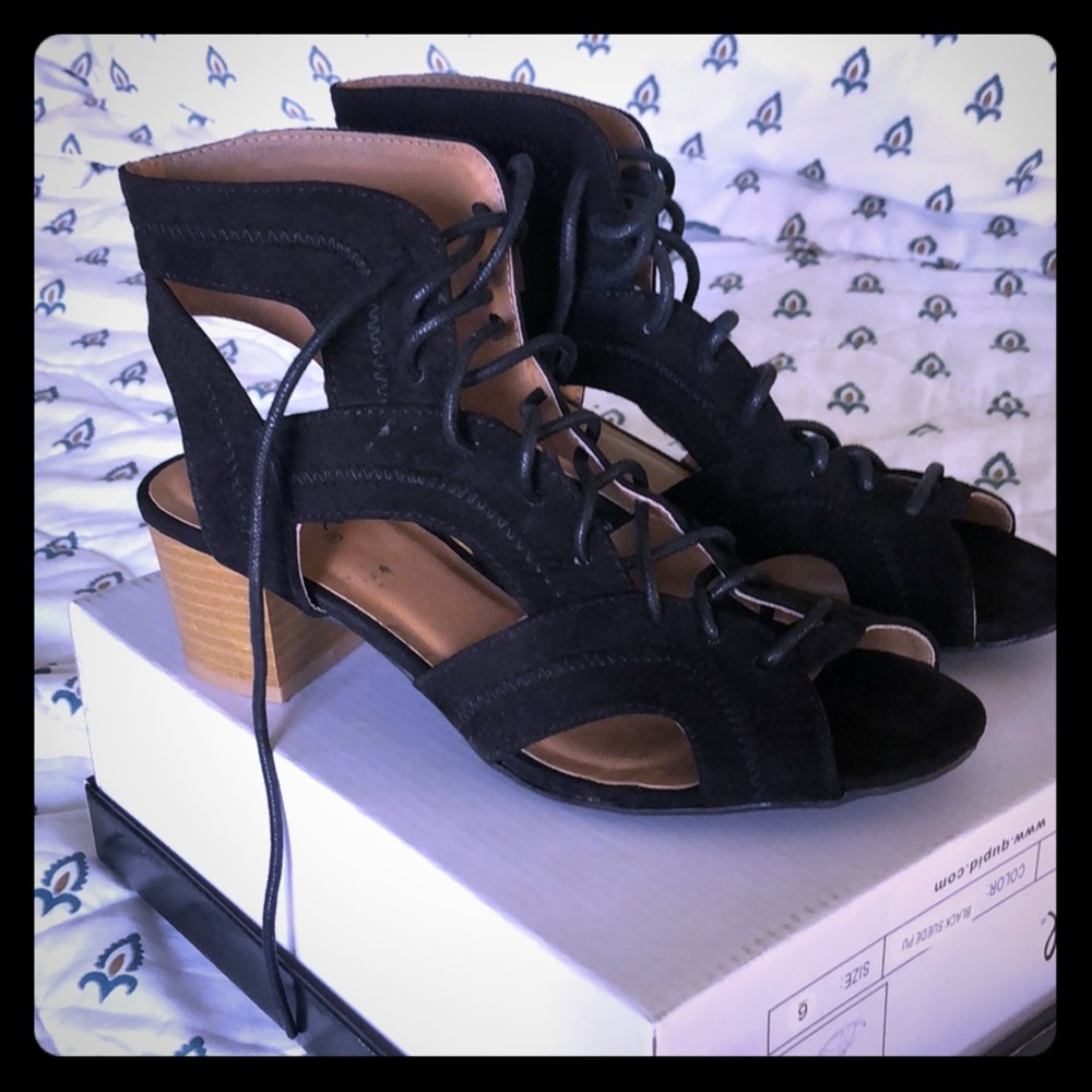 Suede Black Tie Up Heels